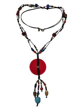 Chicos Black Leather Cord Gold Glass Bead Red Medallion Tassel Necklace L244